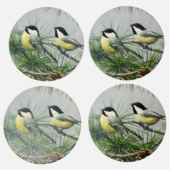Counter Art Coasters Set 4 Chickadee Birds Pine Tree Absorbent Stone Cork Back - Picture 2 of 8